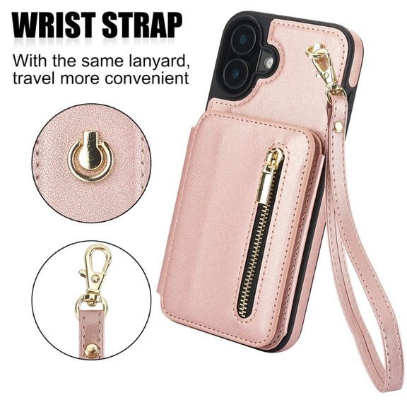 For iPhone 16 YM006 Skin Feel Zipper Card Bag Phone Case with Dual Lanyard(Rose Gold)