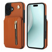 For iPhone 16 YM006 Skin Feel Zipper Card Bag Phone Case with Dual Lanyard(Brown)