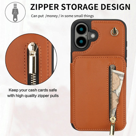 For iPhone 16 YM006 Skin Feel Zipper Card Bag Phone Case with Dual Lanyard(Brown)
