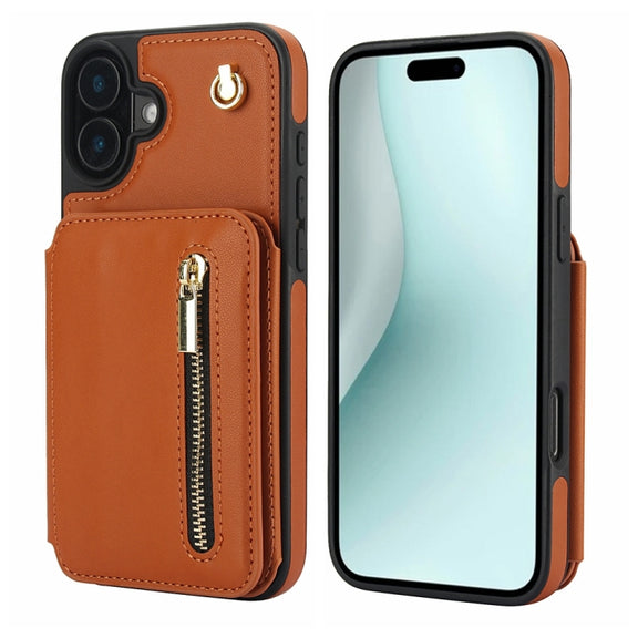 For iPhone 16 YM006 Skin Feel Zipper Card Bag Phone Case with Dual Lanyard(Brown)
