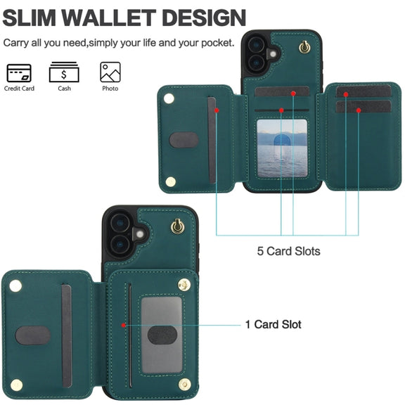 For iPhone 16 YM006 Skin Feel Zipper Card Bag Phone Case with Dual Lanyard(Green)
