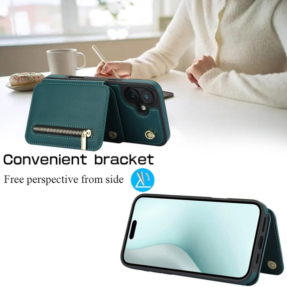 For iPhone 16 YM006 Skin Feel Zipper Card Bag Phone Case with Dual Lanyard(Green)