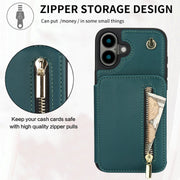 For iPhone 16 YM006 Skin Feel Zipper Card Bag Phone Case with Dual Lanyard(Green)