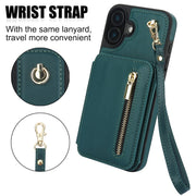 For iPhone 16 YM006 Skin Feel Zipper Card Bag Phone Case with Dual Lanyard(Green)