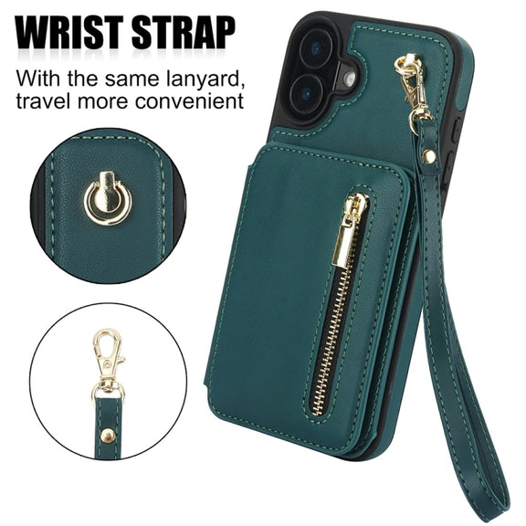 For iPhone 16 YM006 Skin Feel Zipper Card Bag Phone Case with Dual Lanyard(Green)