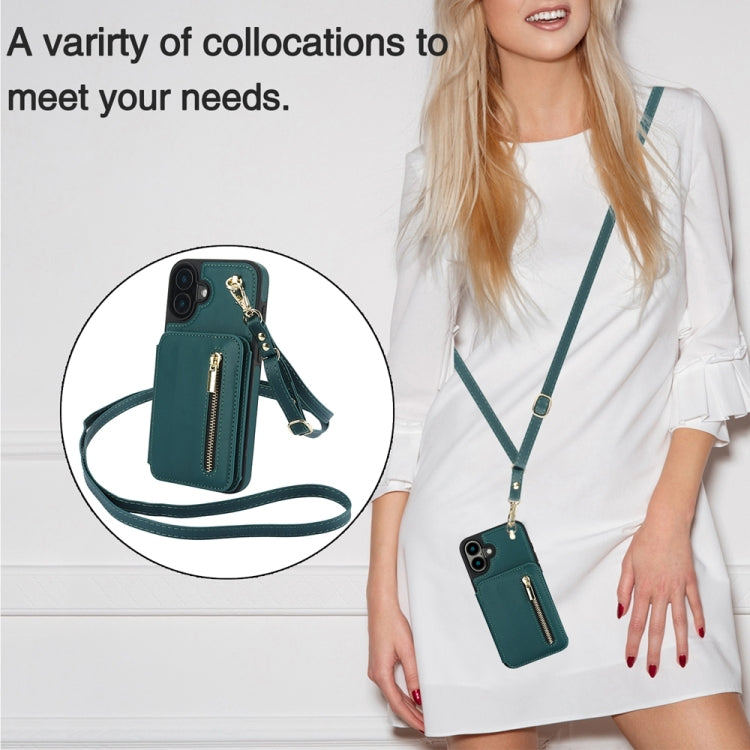 For iPhone 16 YM006 Skin Feel Zipper Card Bag Phone Case with Dual Lanyard(Green)