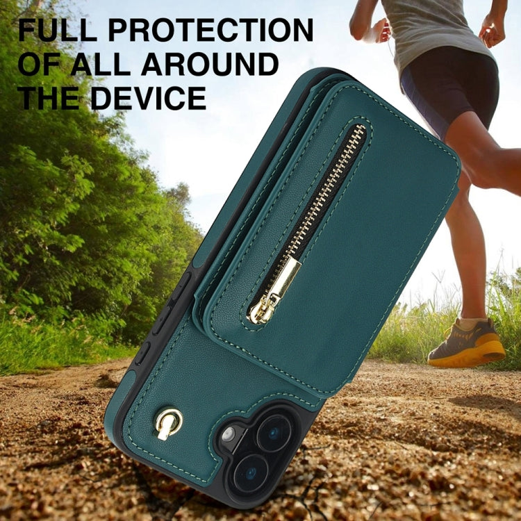 For iPhone 16 YM006 Skin Feel Zipper Card Bag Phone Case with Dual Lanyard(Green)