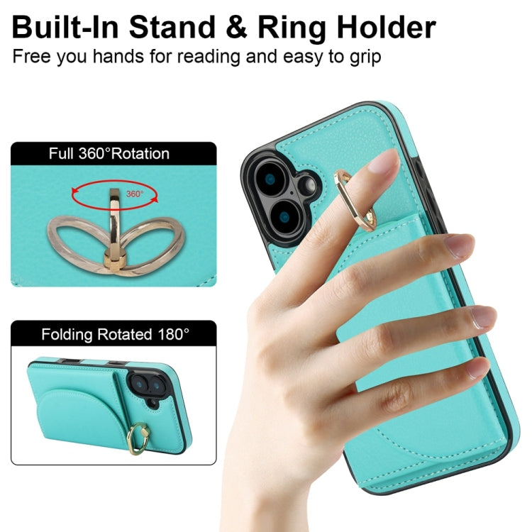 For iPhone 16 Plus YM007 Ring Holder Card Bag Skin Feel Phone Case(Green) - free shipping - PMC TechLife - Order now!