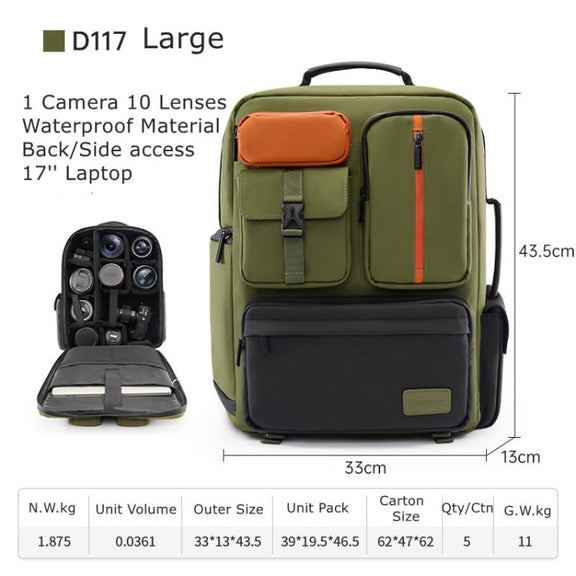 Cwatcun D117 Large Capacity Photography Backpack Shoulders Laptop Camera Bag, Size:43.3 x 33 x 13cm(Army Green)