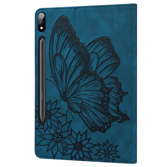 For Samsung Galaxy Tab S9 Ultra / S8 Ultra Big Butterfly Embossed Leather Tablet Case(Blue)