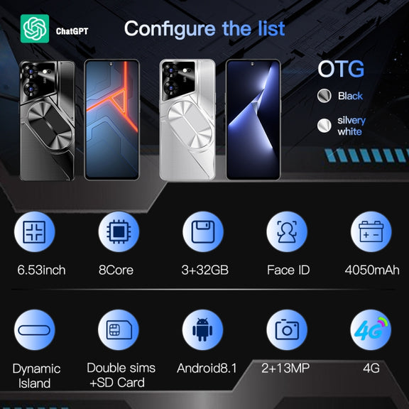 Povo5pro / PU31, 3GB+32GB, 6.53 inch Face Identification Android 8.1 MTK6753 Octa Core, Network: 4G, AI GPT4, Dual SIM(Black)