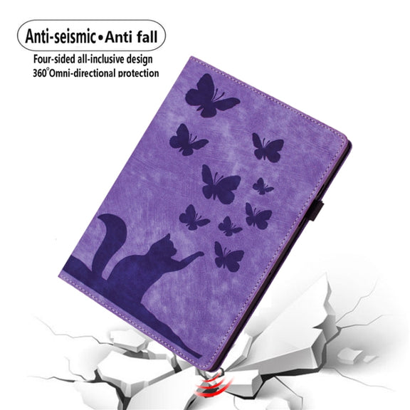 For iPad Pro 11 2024 Butterfly Cat Embossing Leather Tablet Case(Purple)