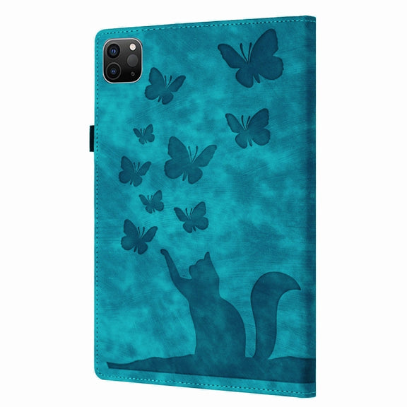 For iPad Pro 11 2024 Butterfly Cat Embossing Leather Tablet Case(Sky Blue)
