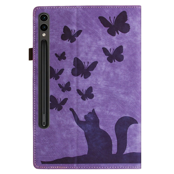 For Samsung Galaxy Tab S9 Ultra / S8 Ultra Butterfly Cat Embossing Leather Tablet Case(Purple)
