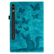 For Samsung Galaxy Tab S9 Ultra / S8 Ultra Butterfly Cat Embossing Leather Tablet Case(Sky Blue)