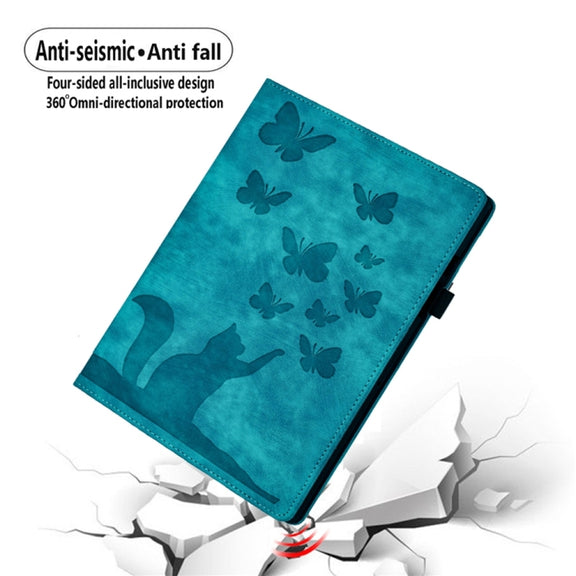 For Samsung Galaxy Tab S9 Ultra / S8 Ultra Butterfly Cat Embossing Leather Tablet Case(Sky Blue)