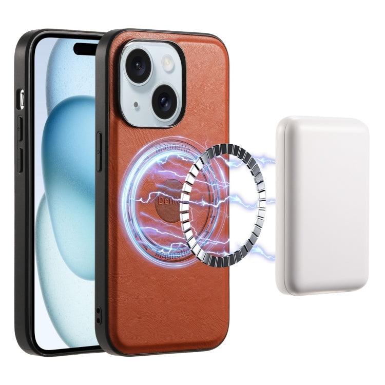 For iPhone 15 Plus Denior Cowhide Texture Leather MagSafe Phone Case(Brown) - iPhone 15 Plus Cases by Denior | Online Shopping South Africa | PMC TechLife | Buy Now Pay Later Mobicred