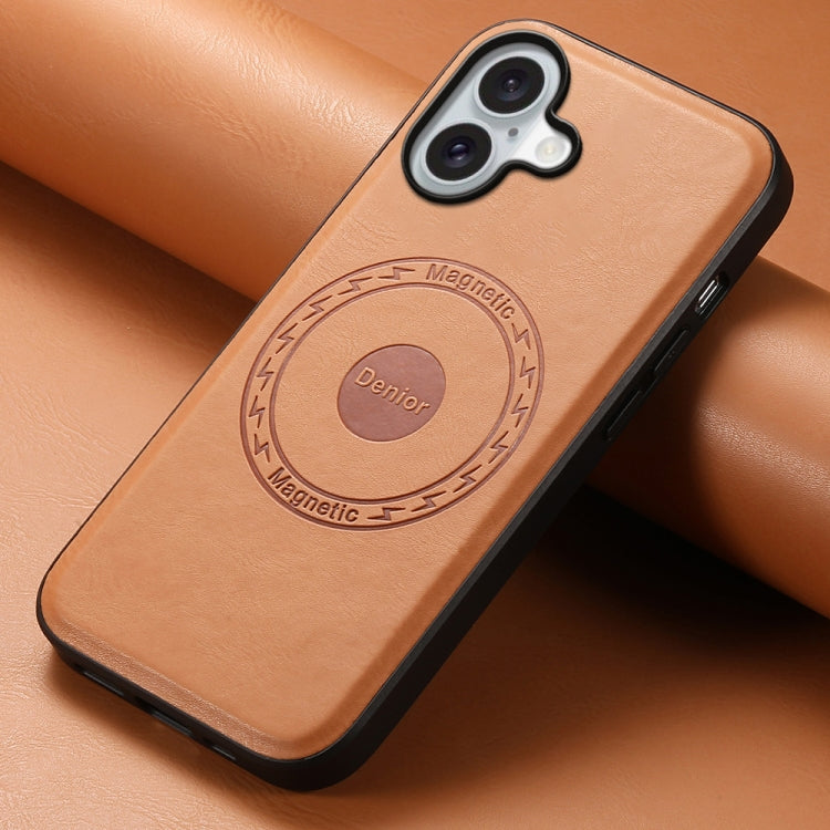 For iPhone 16 Denior Cowhide Texture Leather MagSafe Phone Case(Khaki)