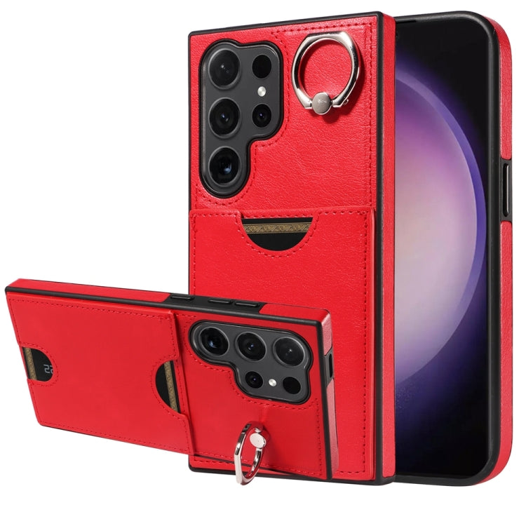 For Samsung Galaxy S24 Ultra 5G Calf Texture Card Slot Ring Holder Phone Case(Red) - Galaxy S24 Ultra 5G Tempered Glass by PMC TechLife | Online Shopping South Africa | PMC TechLife
