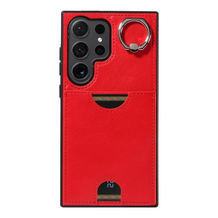 For Samsung Galaxy S24 Ultra 5G Calf Texture Card Slot Ring Holder Phone Case(Red) - Galaxy S24 Ultra 5G Tempered Glass by PMC TechLife | Online Shopping South Africa | PMC TechLife