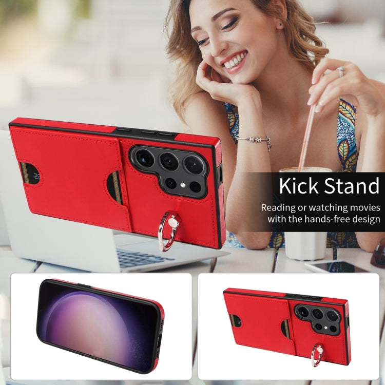 For Samsung Galaxy S24 Ultra 5G Calf Texture Card Slot Ring Holder Phone Case(Red) - Galaxy S24 Ultra 5G Tempered Glass by PMC TechLife | Online Shopping South Africa | PMC TechLife