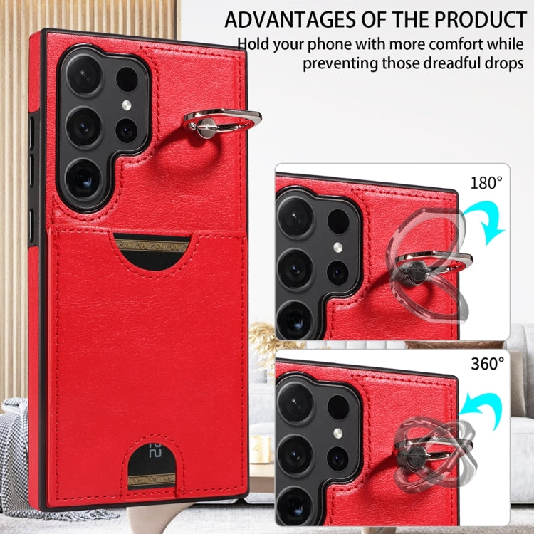 For Samsung Galaxy S24 Ultra 5G Calf Texture Card Slot Ring Holder Phone Case(Red) - Galaxy S24 Ultra 5G Tempered Glass by PMC TechLife | Online Shopping South Africa | PMC TechLife