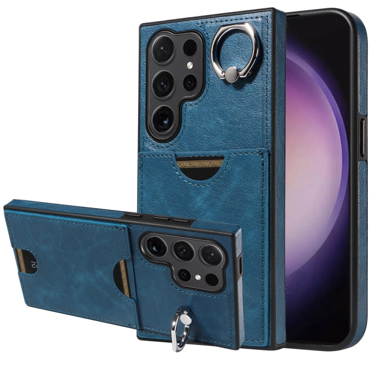 For Samsung Galaxy S24 Ultra 5G Calf Texture Card Slot Ring Holder Phone Case(Blue) - Galaxy S24 Ultra 5G Tempered Glass by PMC TechLife | Online Shopping South Africa | PMC TechLife