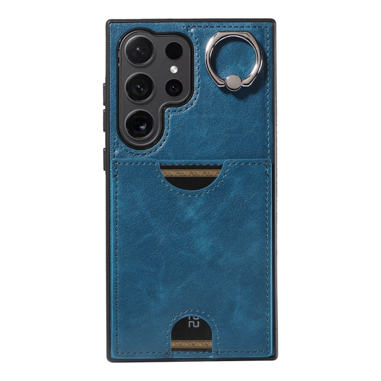 For Samsung Galaxy S24 Ultra 5G Calf Texture Card Slot Ring Holder Phone Case(Blue) - Galaxy S24 Ultra 5G Tempered Glass by PMC TechLife | Online Shopping South Africa | PMC TechLife