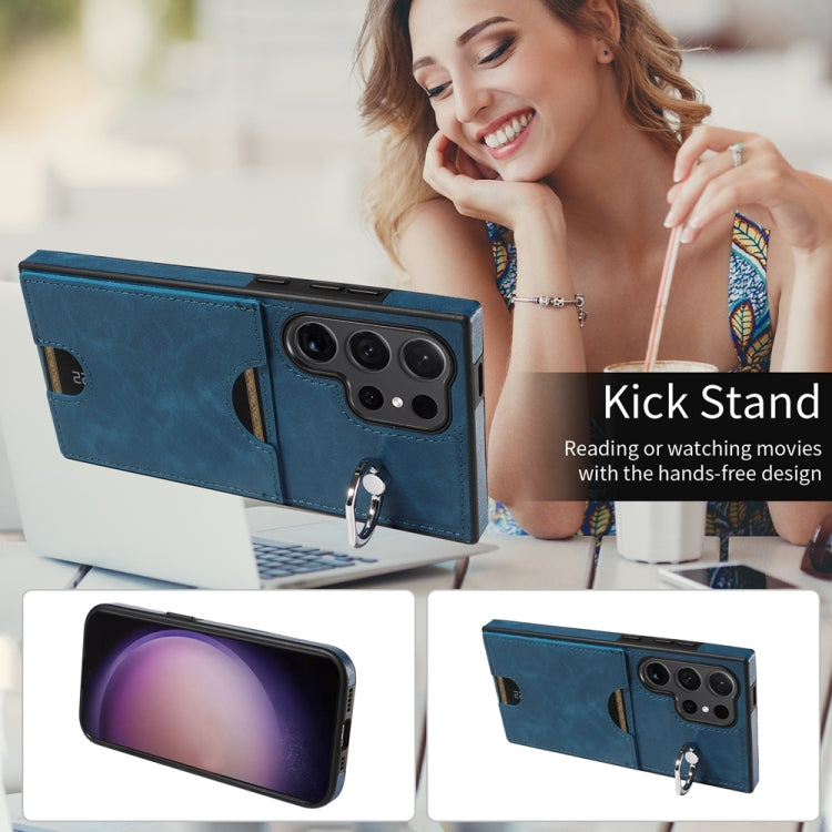 For Samsung Galaxy S24 Ultra 5G Calf Texture Card Slot Ring Holder Phone Case(Blue) - Galaxy S24 Ultra 5G Tempered Glass by PMC TechLife | Online Shopping South Africa | PMC TechLife