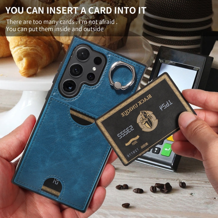 For Samsung Galaxy S24 Ultra 5G Calf Texture Card Slot Ring Holder Phone Case(Blue) - Galaxy S24 Ultra 5G Tempered Glass by PMC TechLife | Online Shopping South Africa | PMC TechLife