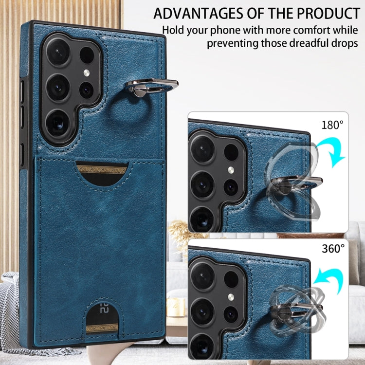For Samsung Galaxy S24 Ultra 5G Calf Texture Card Slot Ring Holder Phone Case(Blue) - Galaxy S24 Ultra 5G Tempered Glass by PMC TechLife | Online Shopping South Africa | PMC TechLife