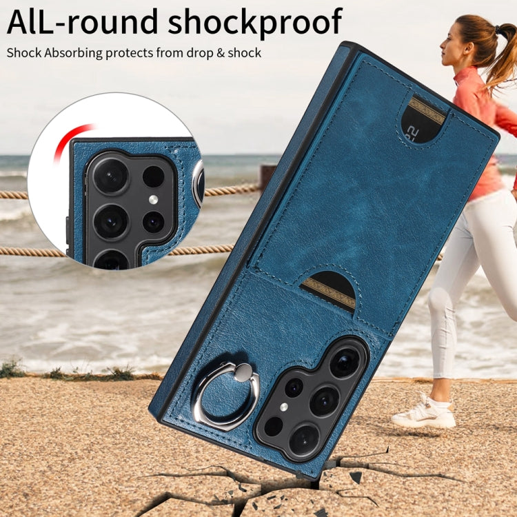 For Samsung Galaxy S24 Ultra 5G Calf Texture Card Slot Ring Holder Phone Case(Blue) - Galaxy S24 Ultra 5G Tempered Glass by PMC TechLife | Online Shopping South Africa | PMC TechLife