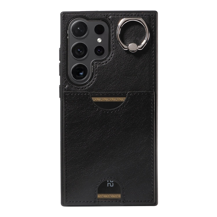 For Samsung Galaxy S24 Ultra 5G Calf Texture Card Slot Ring Holder Phone Case(Black) - Galaxy S24 Ultra 5G Tempered Glass by PMC TechLife | Online Shopping South Africa | PMC TechLife