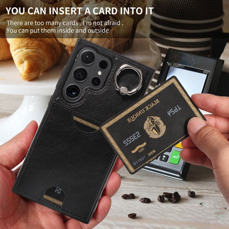 For Samsung Galaxy S24 Ultra 5G Calf Texture Card Slot Ring Holder Phone Case(Black) - Galaxy S24 Ultra 5G Tempered Glass by PMC TechLife | Online Shopping South Africa | PMC TechLife