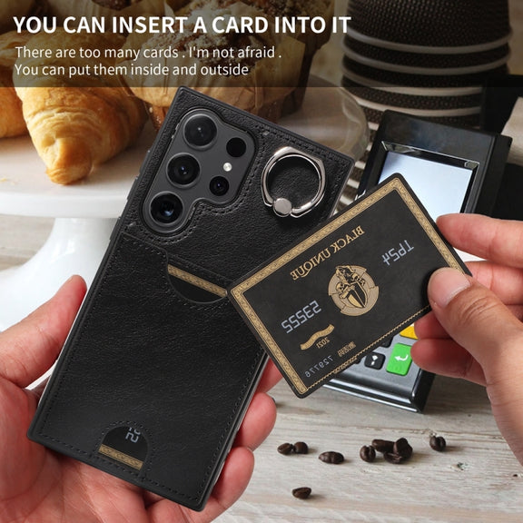 For Samsung Galaxy S24 Ultra 5G Calf Texture Card Slot Ring Holder Phone Case(Black)