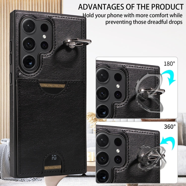 For Samsung Galaxy S24 Ultra 5G Calf Texture Card Slot Ring Holder Phone Case(Black) - Galaxy S24 Ultra 5G Tempered Glass by PMC TechLife | Online Shopping South Africa | PMC TechLife
