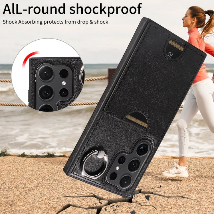 For Samsung Galaxy S24 Ultra 5G Calf Texture Card Slot Ring Holder Phone Case(Black) - Galaxy S24 Ultra 5G Tempered Glass by PMC TechLife | Online Shopping South Africa | PMC TechLife