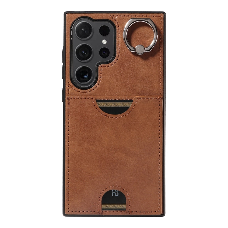 For Samsung Galaxy S24 Ultra 5G Calf Texture Card Slot Ring Holder Phone Case(Brown) - free shipping - PMC TechLife - Order now!