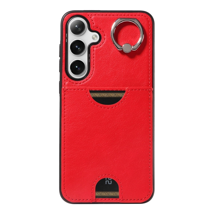 For Samsung Galaxy S24+ 5G Calf Texture Card Slot Ring Holder Phone Case(Red) - Galaxy S24+ 5G Cases by PMC TechLife | Online Shopping South Africa | PMC TechLife