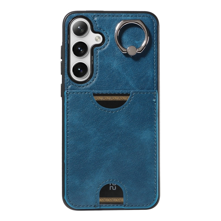 For Samsung Galaxy S24+ 5G Calf Texture Card Slot Ring Holder Phone Case(Blue) - Galaxy S24+ 5G Cases by PMC TechLife | Online Shopping South Africa | PMC TechLife