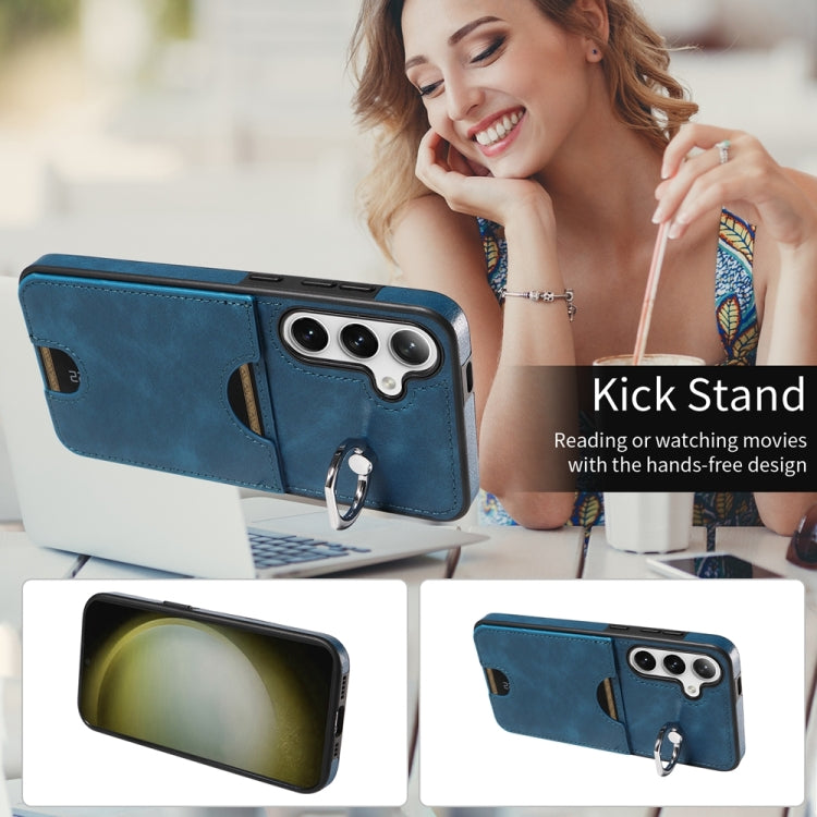 For Samsung Galaxy S24+ 5G Calf Texture Card Slot Ring Holder Phone Case(Blue) - Galaxy S24+ 5G Cases by PMC TechLife | Online Shopping South Africa | PMC TechLife