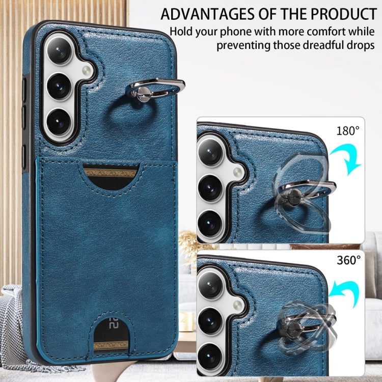 For Samsung Galaxy S24+ 5G Calf Texture Card Slot Ring Holder Phone Case(Blue) - Galaxy S24+ 5G Cases by PMC TechLife | Online Shopping South Africa | PMC TechLife