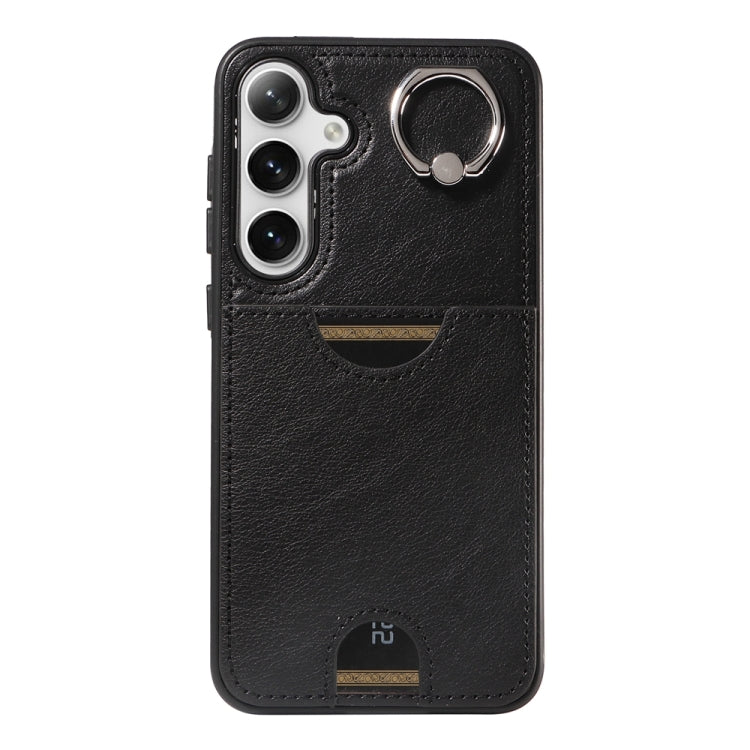 For Samsung Galaxy S24+ 5G Calf Texture Card Slot Ring Holder Phone Case(Black)