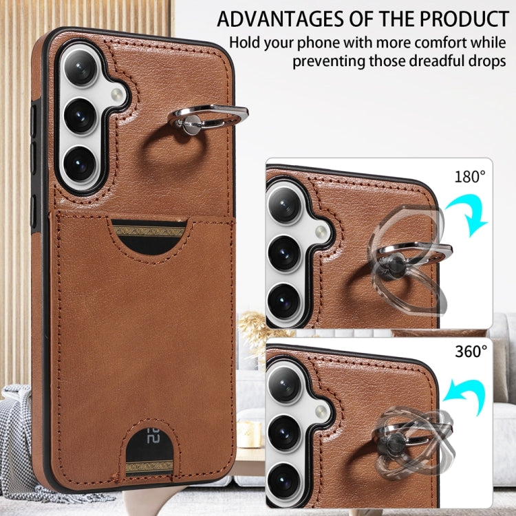 For Samsung Galaxy S24+ 5G Calf Texture Card Slot Ring Holder Phone Case(Brown) - free shipping - PMC TechLife - Order now!