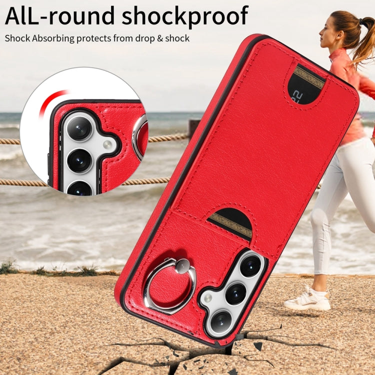 For Samsung Galaxy S24 5G Calf Texture Card Slot Ring Holder Phone Case(Red) - Galaxy S24 5G Cases by PMC TechLife | Online Shopping South Africa | PMC TechLife