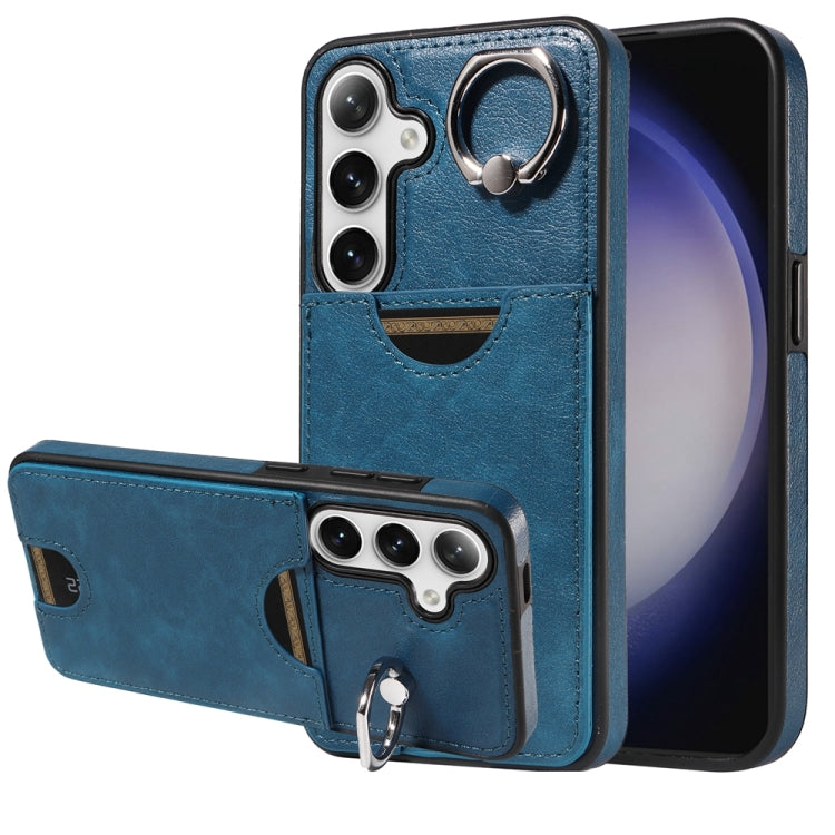 For Samsung Galaxy S24 5G Calf Texture Card Slot Ring Holder Phone Case(Blue) - Galaxy S24 5G Cases by PMC TechLife | Online Shopping South Africa | PMC TechLife