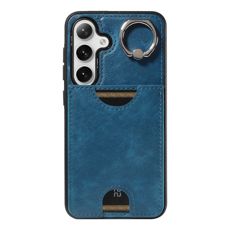 For Samsung Galaxy S24 5G Calf Texture Card Slot Ring Holder Phone Case(Blue) - Galaxy S24 5G Cases by PMC TechLife | Online Shopping South Africa | PMC TechLife