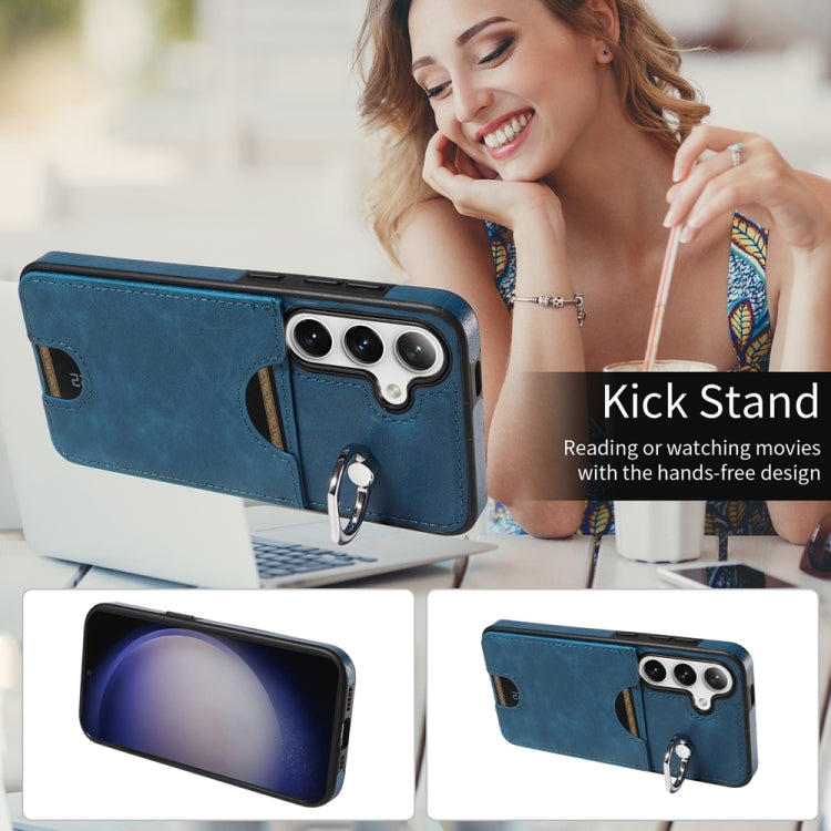 For Samsung Galaxy S24 5G Calf Texture Card Slot Ring Holder Phone Case(Blue) - Galaxy S24 5G Cases by PMC TechLife | Online Shopping South Africa | PMC TechLife