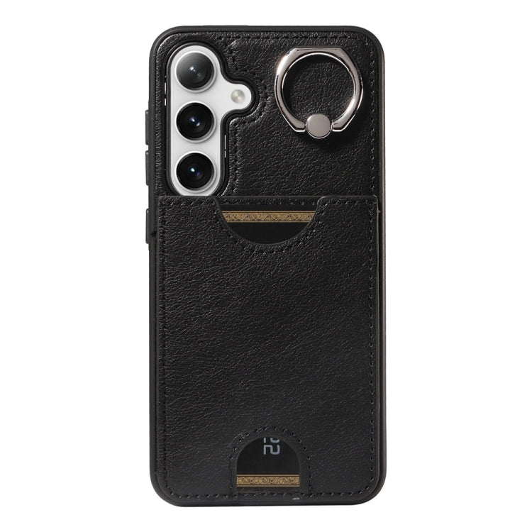 For Samsung Galaxy S24 5G Calf Texture Card Slot Ring Holder Phone Case(Black) - Galaxy S24 5G Cases by PMC TechLife | Online Shopping South Africa | PMC TechLife