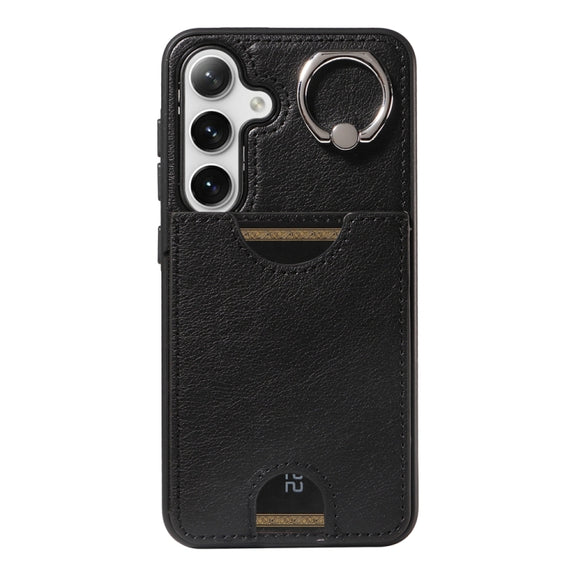 For Samsung Galaxy S24 5G Calf Texture Card Slot Ring Holder Phone Case(Black)